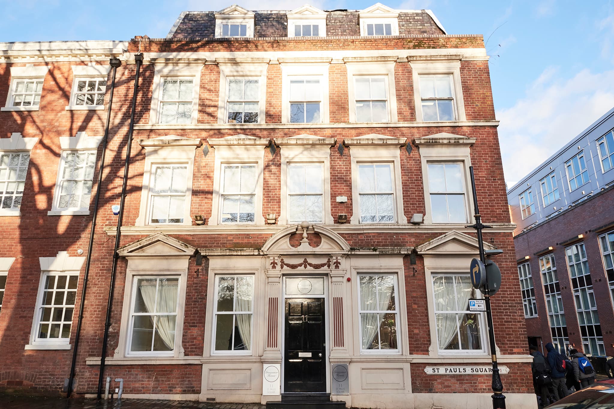 Grosvenor House, 11 St Paul's Square, Birmingham — the Georgian red-brick townhouse housing Property Edge's registered office, with the St Paul's Square street sign visible to the right