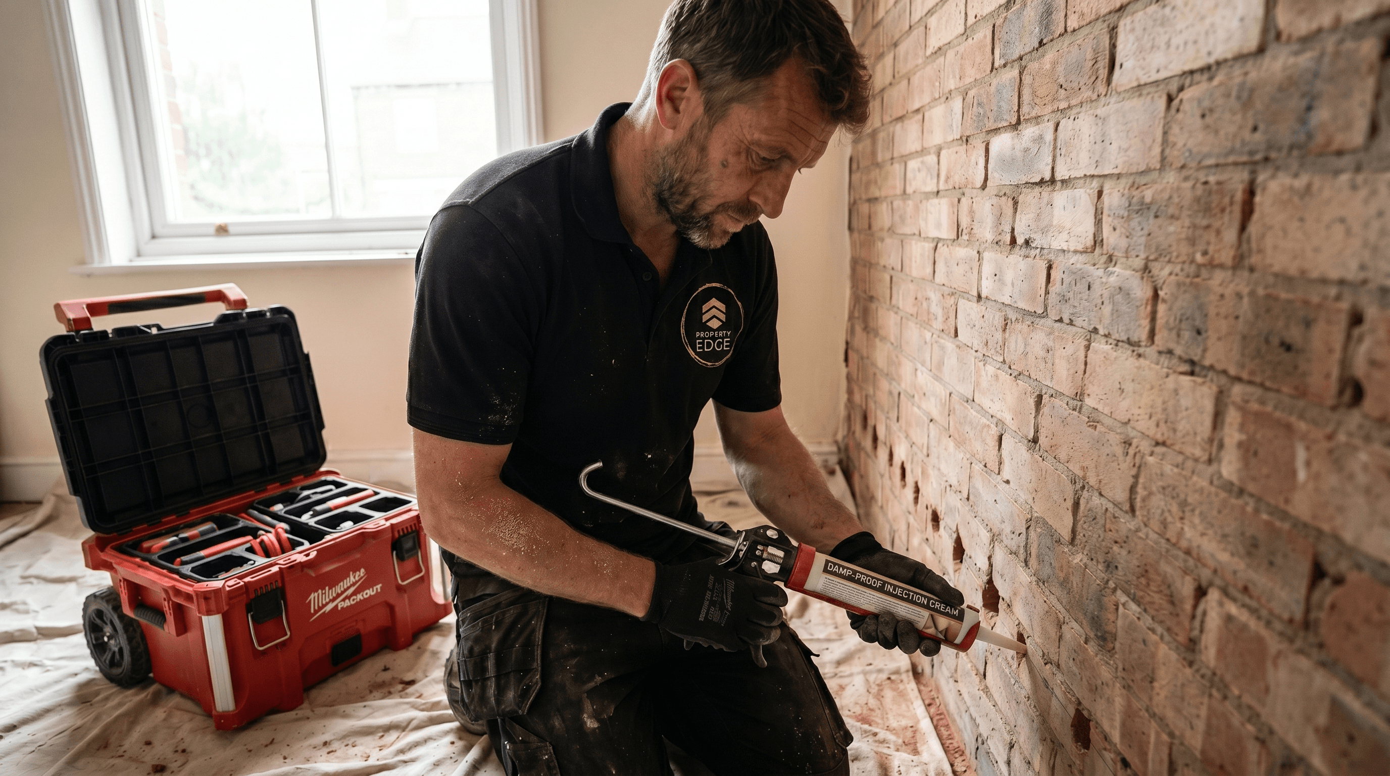 Property Edge damp specialist injecting damp-proof cream into the mortar bed of an exposed brick wall