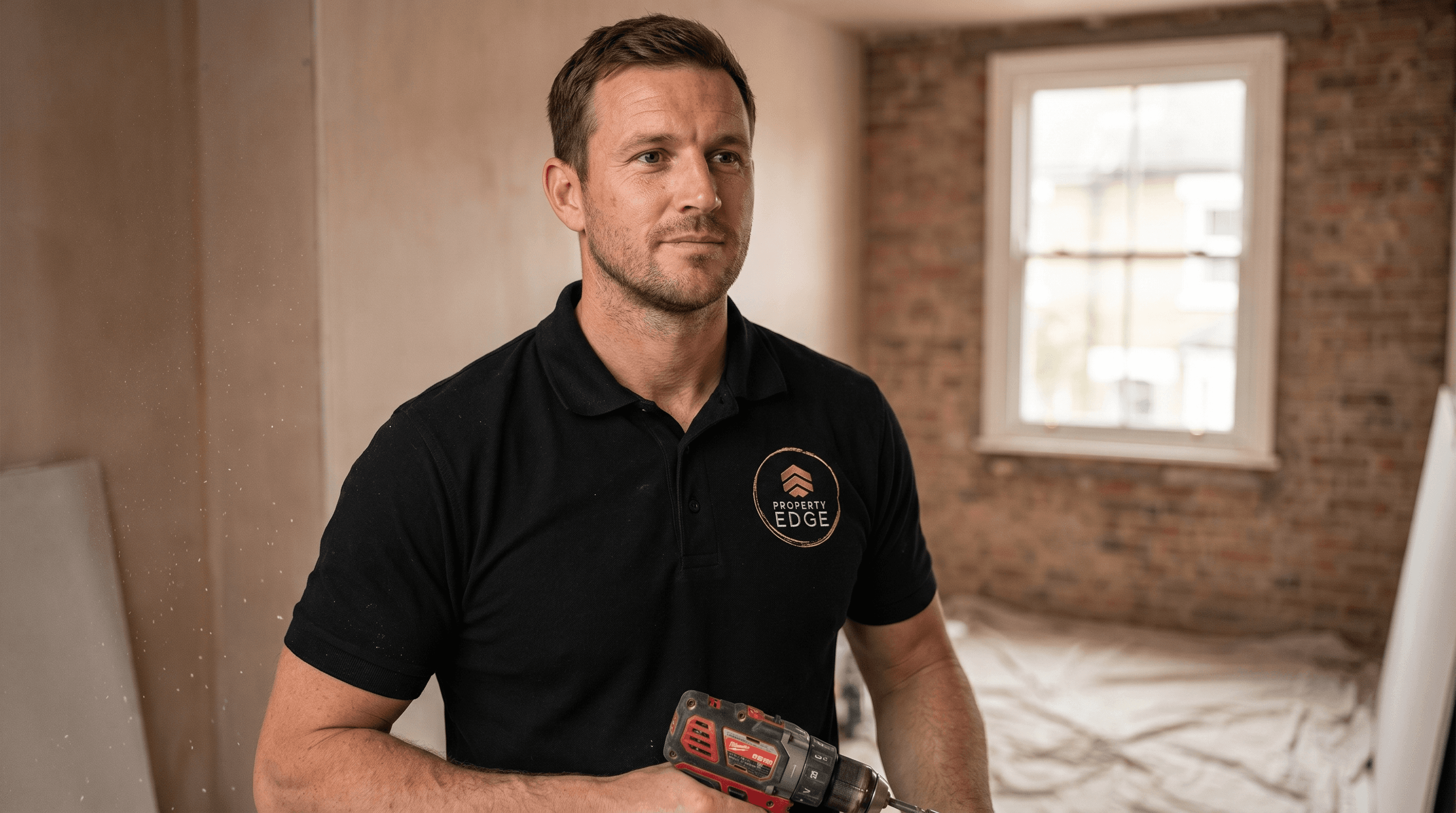 Property Edge team member in branded black polo with Milwaukee drill, mid-job inside a Midlands customer's home