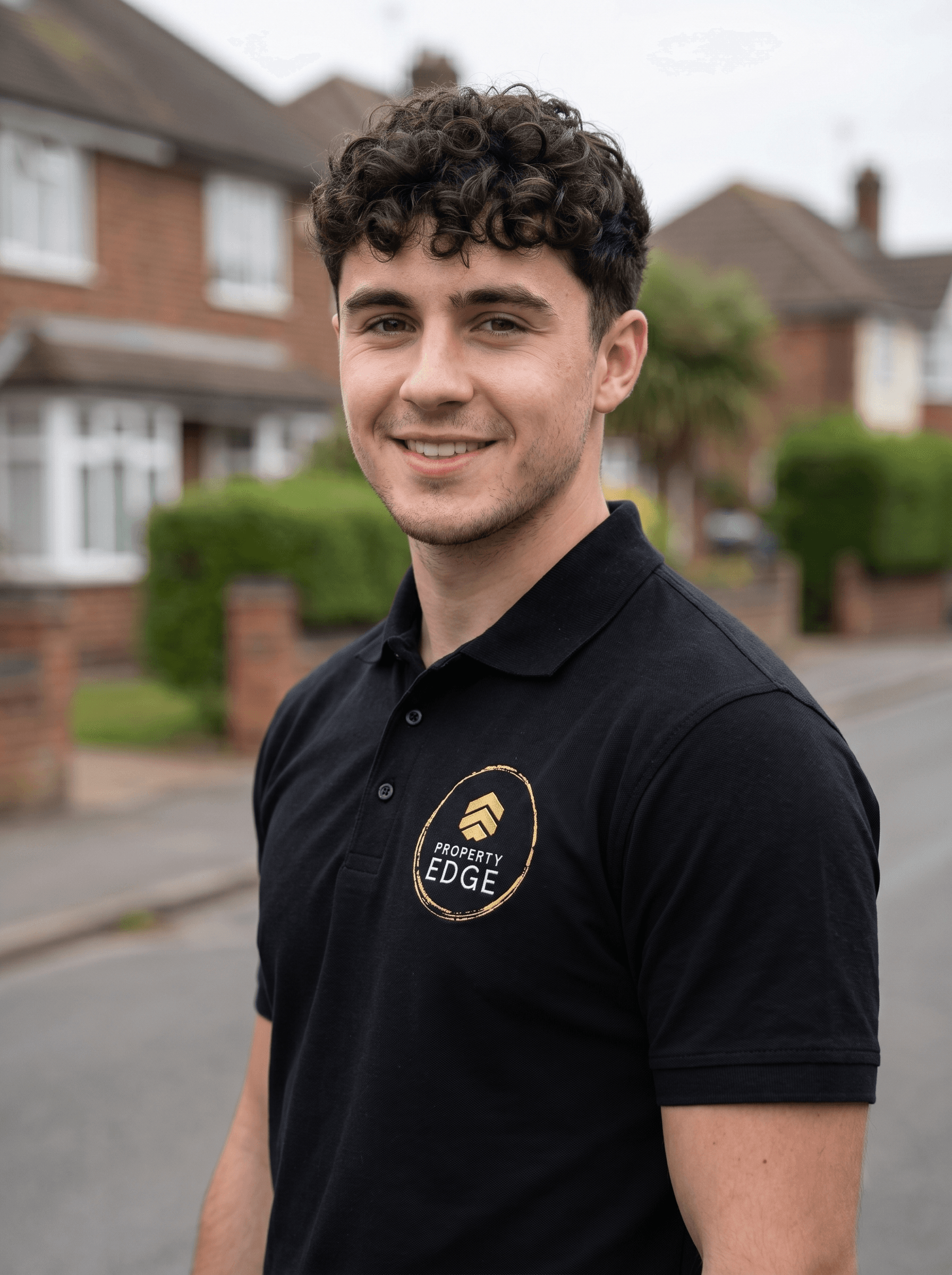 Property Edge team member in branded polo on a residential Midlands street