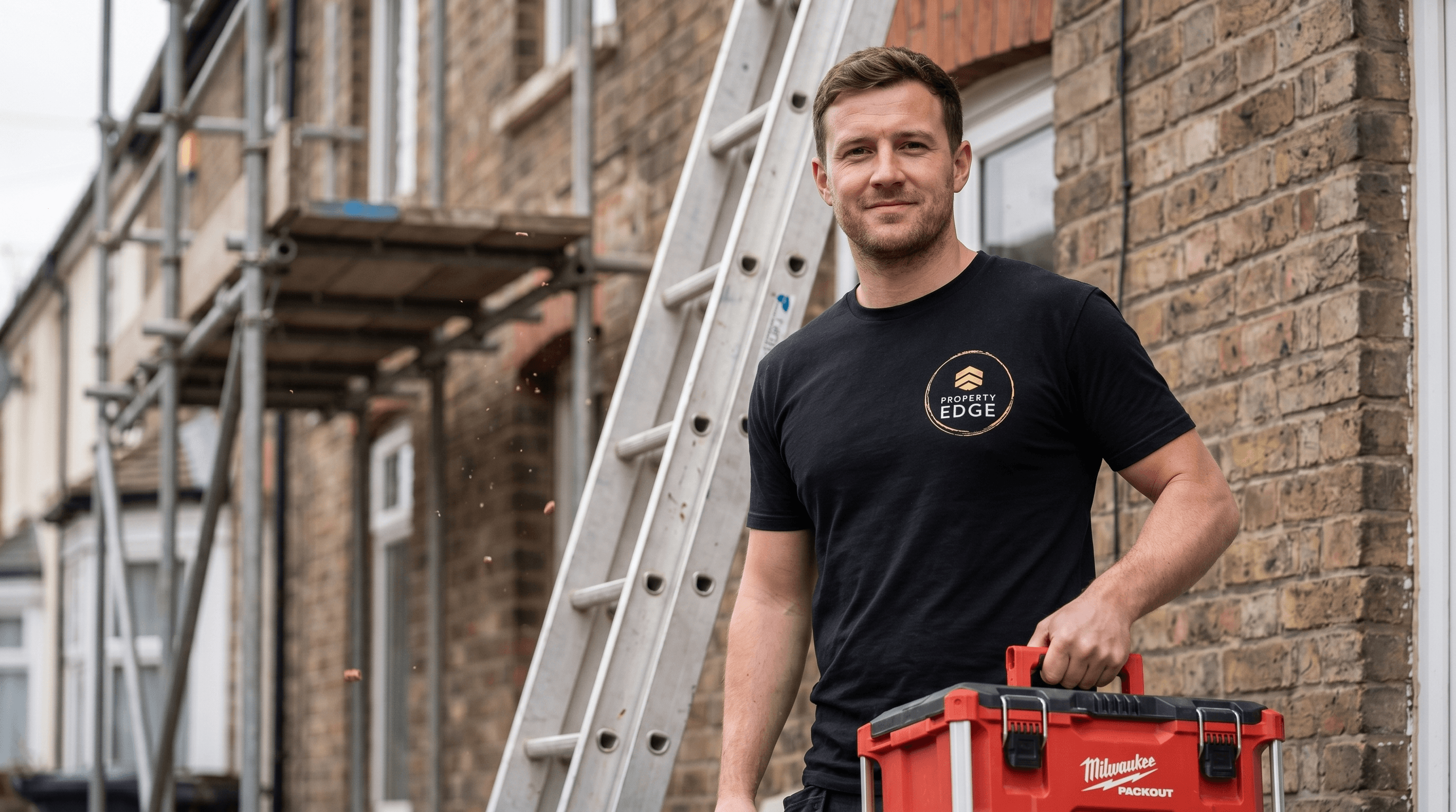 Property Edge roofer carrying a Milwaukee Packout toolbox in front of a scaffolded Midlands terrace