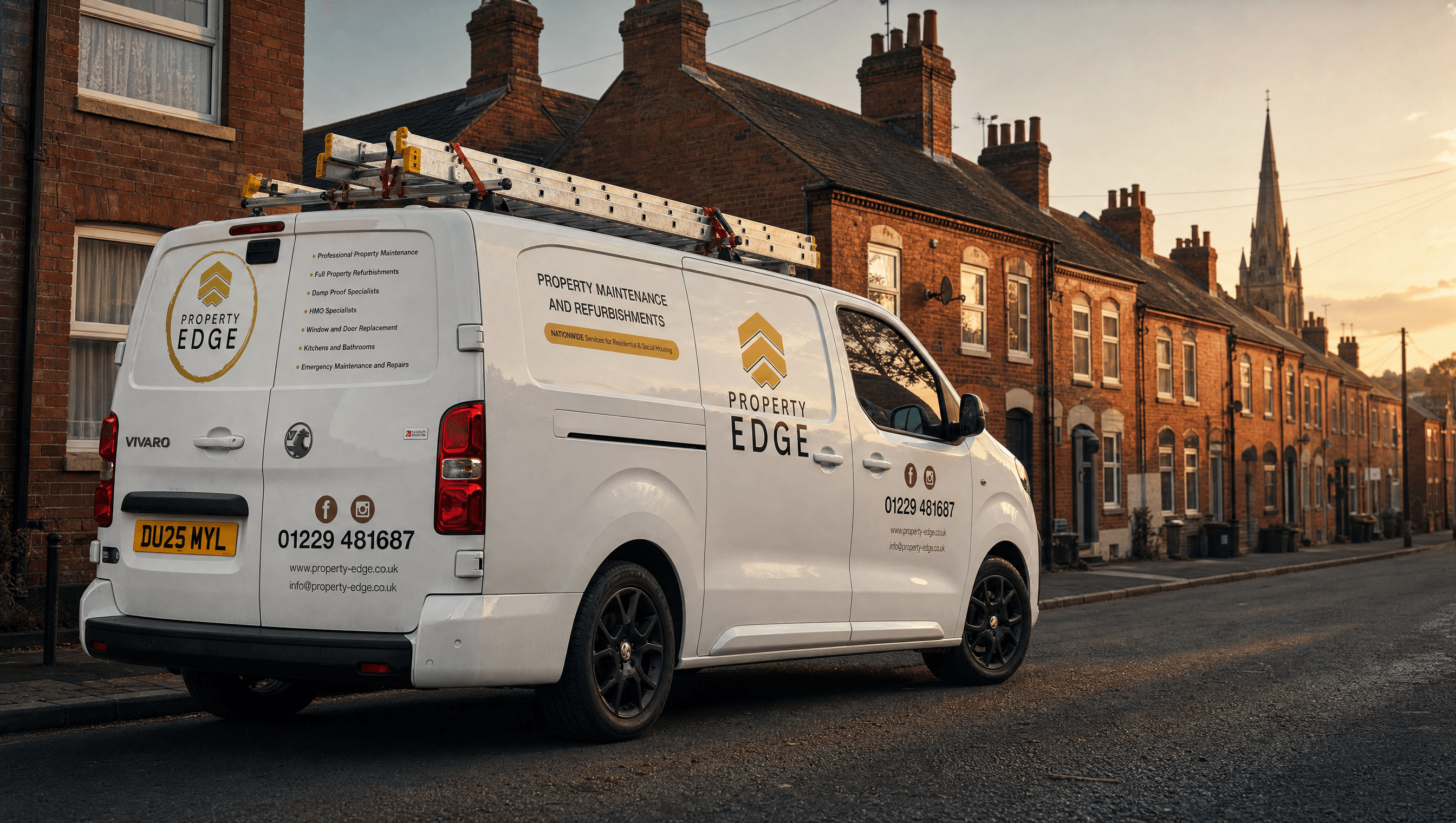 Property Edge Vauxhall Vivaro parked on a Birmingham residential terrace at sunset, rear and side door showing services list