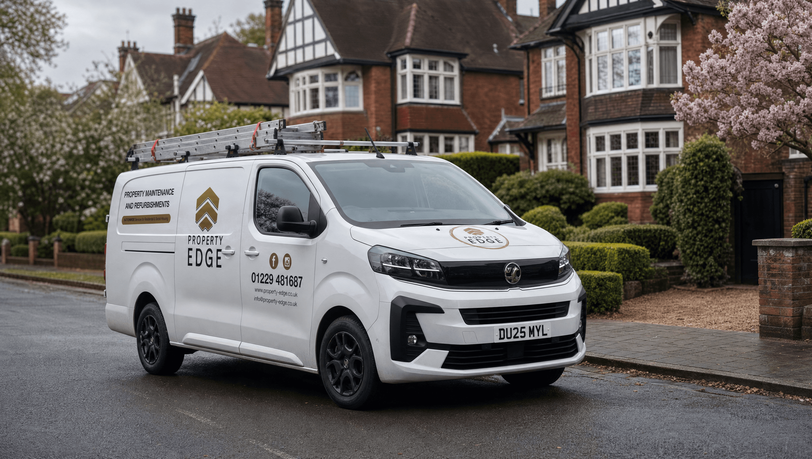 Property Edge Vauxhall Vivaro DU25 MYL parked in front of Tudor-style suburban houses with cherry blossom — Birmingham