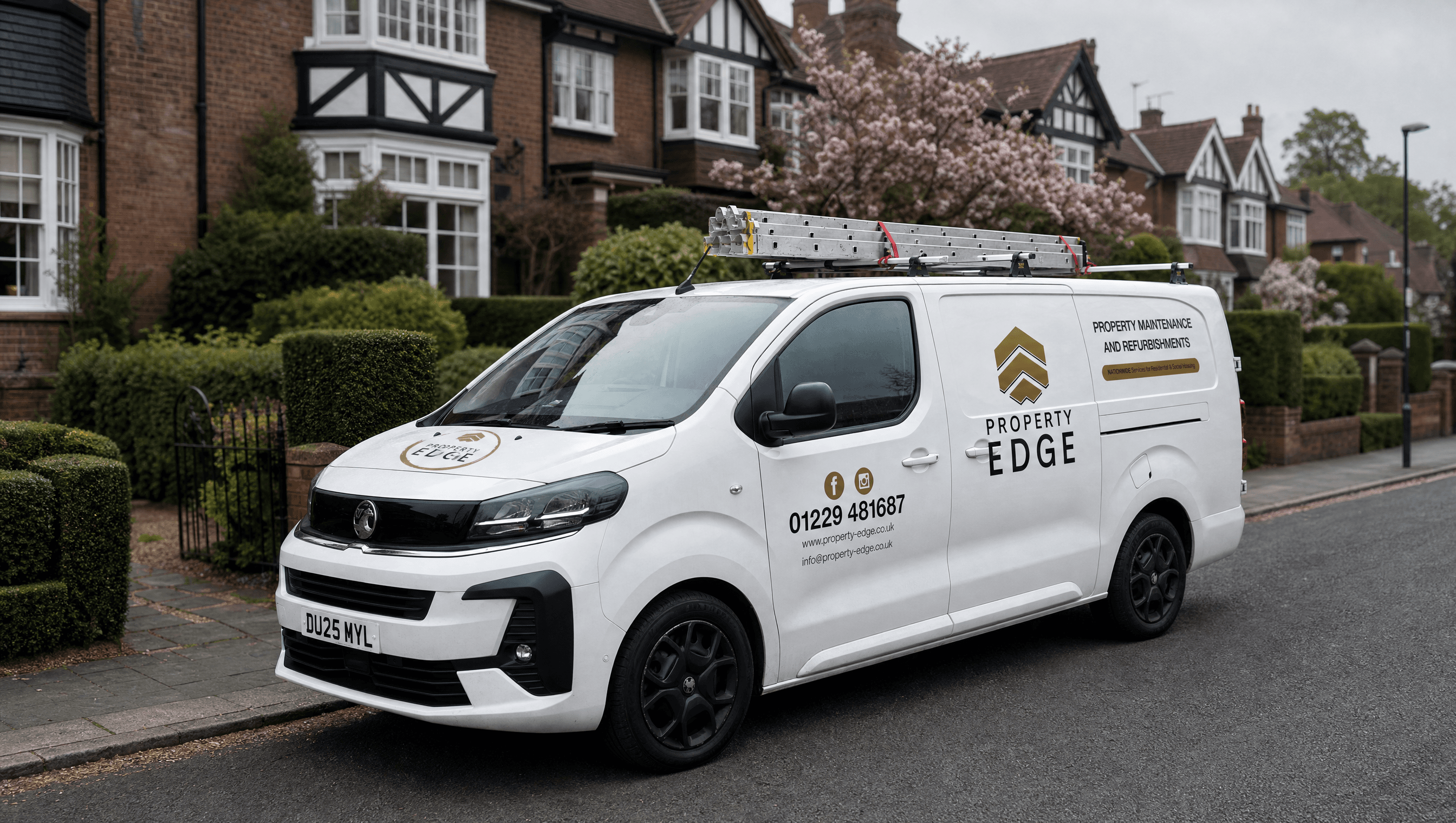 Property Edge Vauxhall Vivaro parked in a suburban Birmingham street with cherry blossom and Tudor houses behind